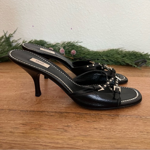 Prada Black Leather Strappy Studded Kitten Heels Size 39 - Picture 4 of 14